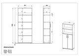 Zeichnung eines Aktenschranks mit den Maßen: Breite 80 cm, Höhe 200 cm, Tiefe 40 cm. Frontale und seitliche Ansicht des Schranks mit mehreren Regalfächern und zwei Türen unten.