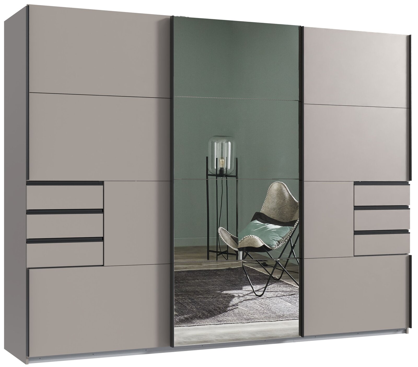 Z2 Schwebetürenschrank 3trg. SAIGON Moderner dreitüriger Schwebetürenschrank mit Spiegel in Frontansicht, links und rechts mit Schubladen.