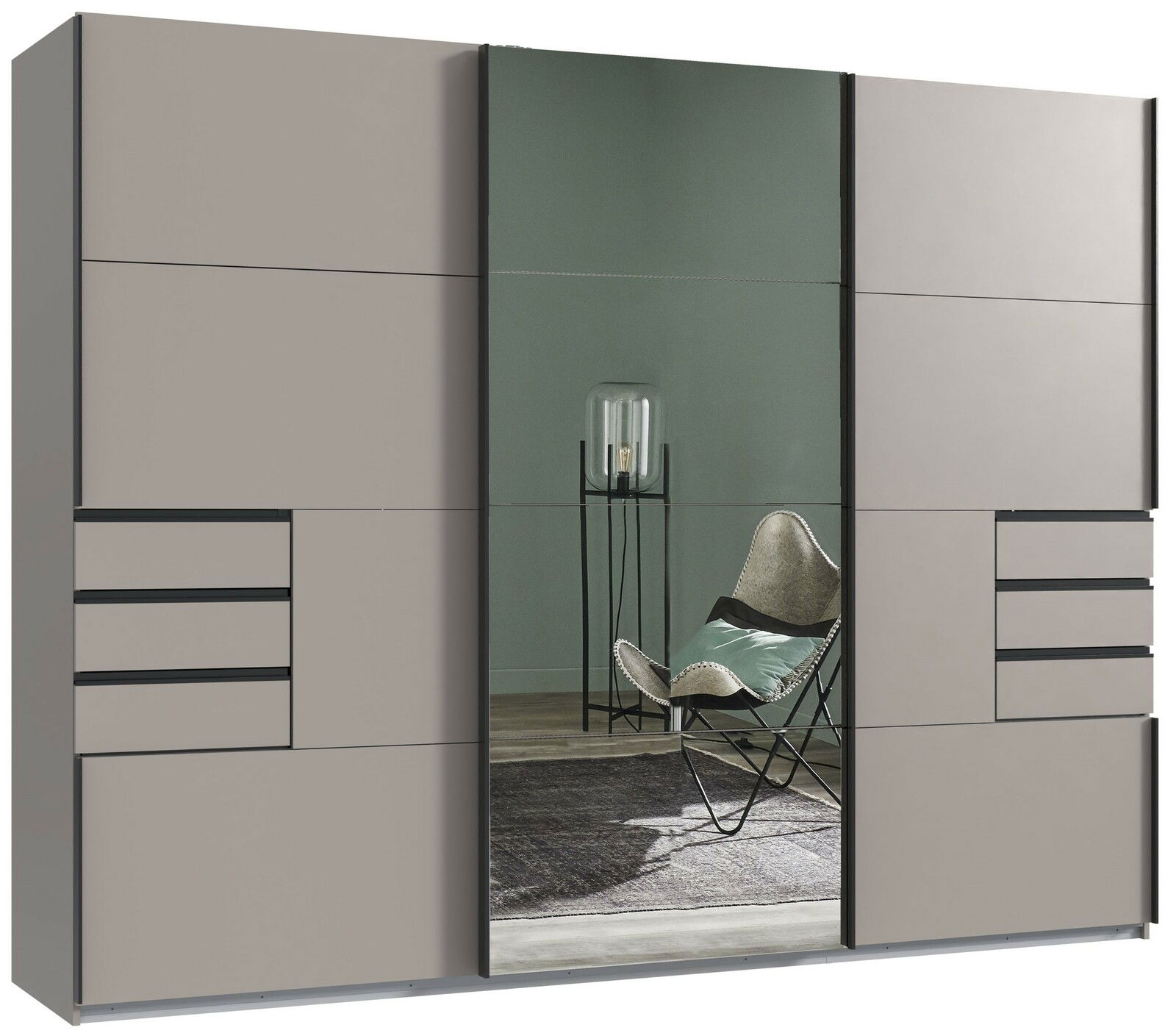 Z2 Schwebetürenschrank 3trg. SAIGON Moderner dreitüriger Schwebetürenschrank mit Spiegel in Frontansicht, links und rechts mit Schubladen.