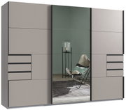 Moderner dreitüriger Schwebetürenschrank mit Spiegel in Frontansicht, links und rechts mit Schubladen.