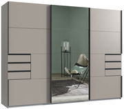 Moderner dreitüriger Schwebetürenschrank mit Spiegel in Frontansicht, links und rechts mit Schubladen.