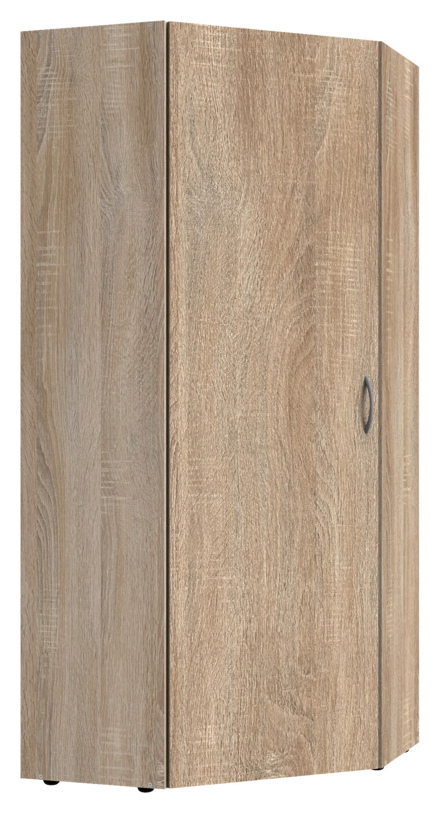 Eckschrank aus Holz in heller Eichenoptik, perspektivisch von vorne links fotografiert