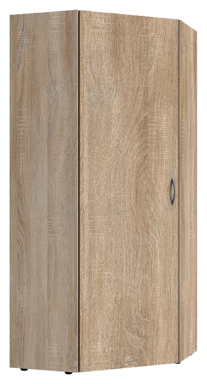 Hoekkast van hout in lichte eikenlook, in perspectief gefotografeerd vanaf de linkervoorzijde