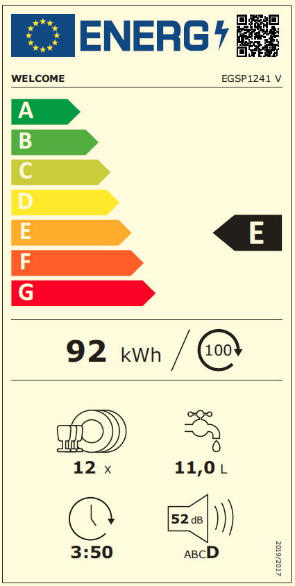 Energieeffizienzlabel für Geschirrspüler mit Energieklasse E, 92 kWh Energieverbrauch pro 100 Zyklen, 12 Maßgedecke, 11,0 Liter Wasserverbrauch pro Zyklus, 3:50 Stunden Laufzeit, 52 dB Lautstärke. Frontalansicht.