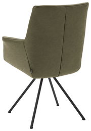 Rückansicht eines modernen Sessels mit olivgrünem Stoffbezug und schwarzen Metallbeinen.