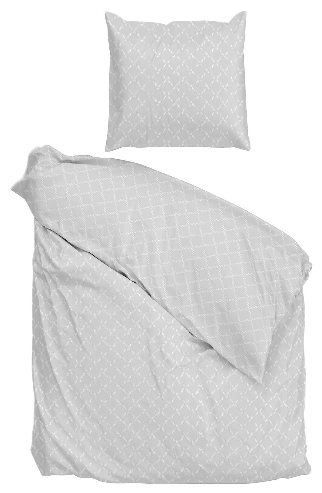Bettwäsche-Set LINEA DI SATINADO in Grau mit dezentem Muster, bestehend aus einem Kissenbezug und einem Bettdeckenbezug, aus der Vogelperspektive.