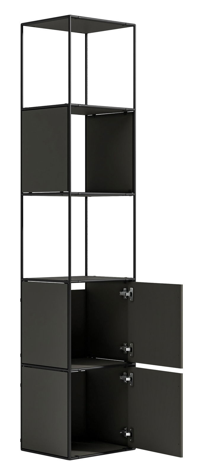 Schwarzes Aktenregal mit vier offenen Fächern und zwei unteren Fächern mit Türen, seitliche Perspektive