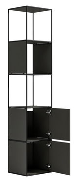 Schwarzes Aktenregal mit vier offenen Fächern und zwei unteren Fächern mit Türen, seitliche Perspektive