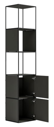 Schwarzes Aktenregal mit vier offenen Fächern und zwei unteren Fächern mit Türen, seitliche Perspektive