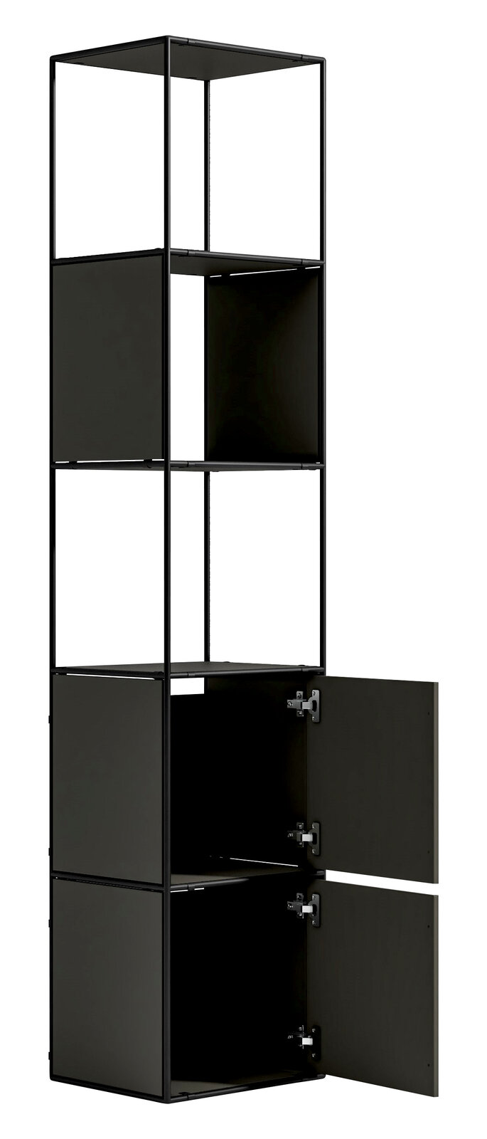 Schwarzes Aktenregal mit vier offenen Fächern und zwei unteren Fächern mit Türen, seitliche Perspektive