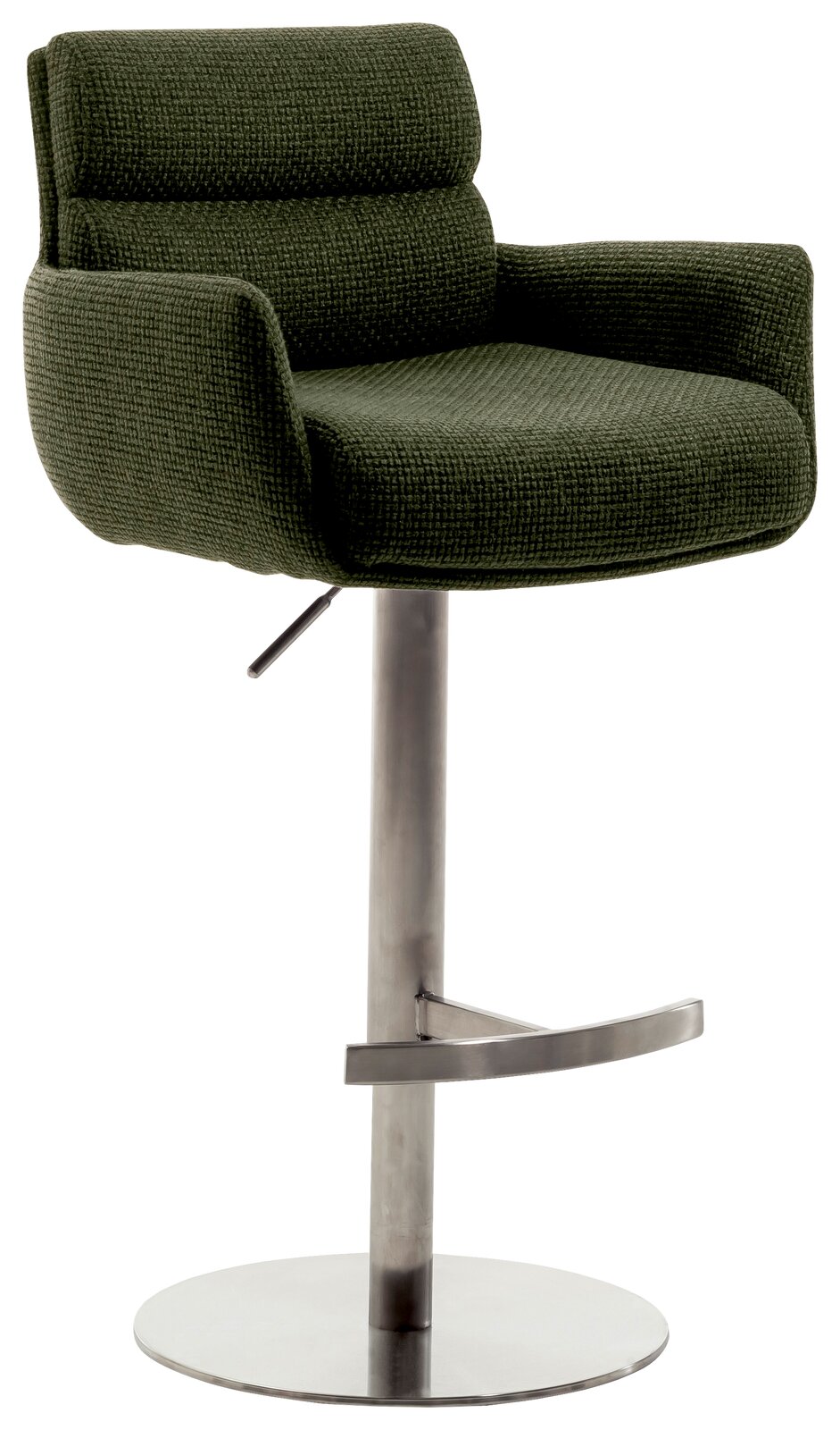Dieter Knoll Barstuhl mit Armlehnen LEXINGTON Grüner Barstuhl mit Armlehnen, seitliche Perspektive, auf verchromtem Standfuß.