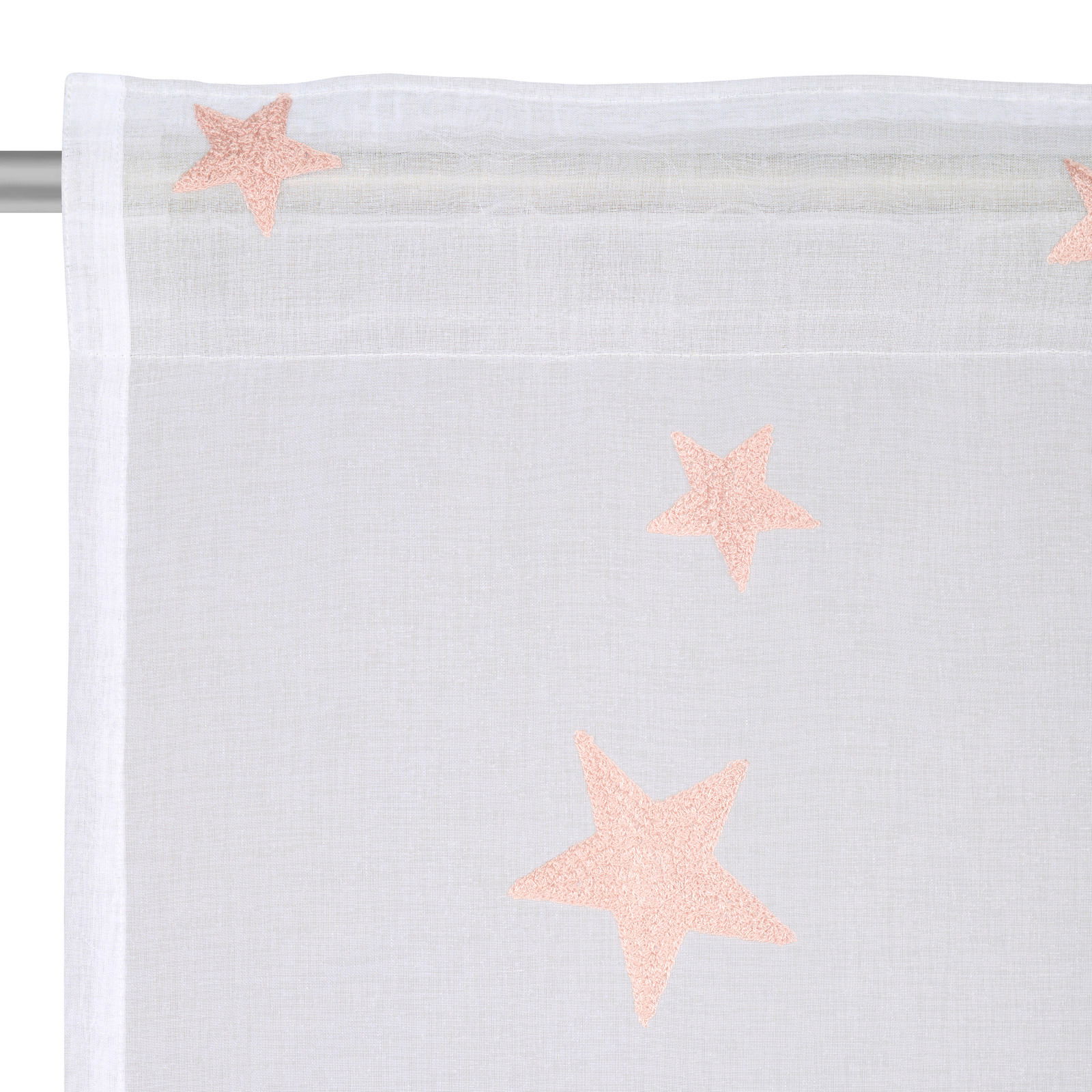 Weißer Fertigvorhang mit rosa Sternen, Nahaufnahme von oben