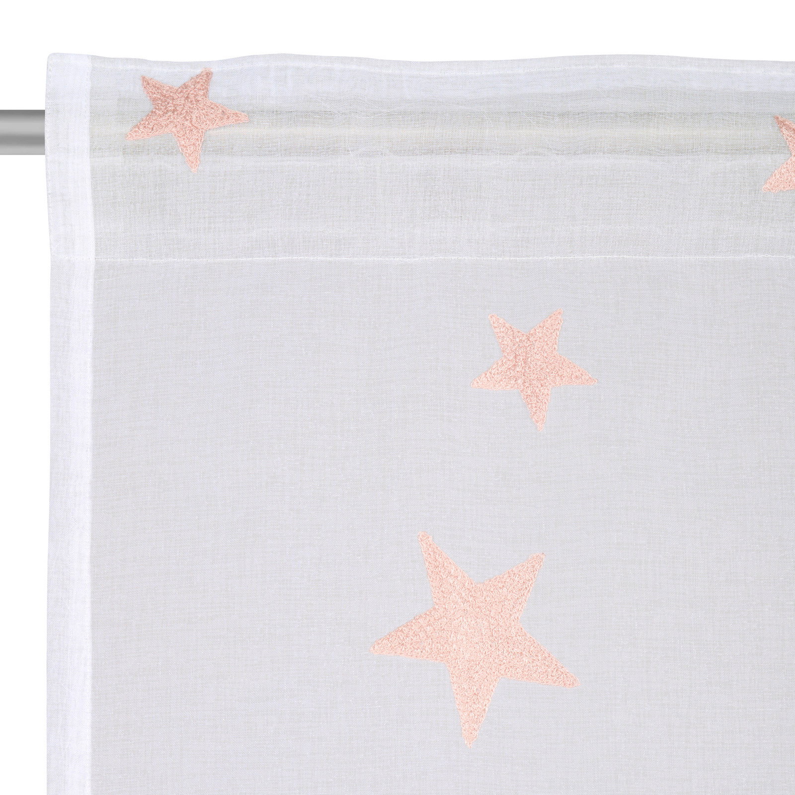 Weißer Fertigvorhang mit rosa Sternen, Nahaufnahme von oben