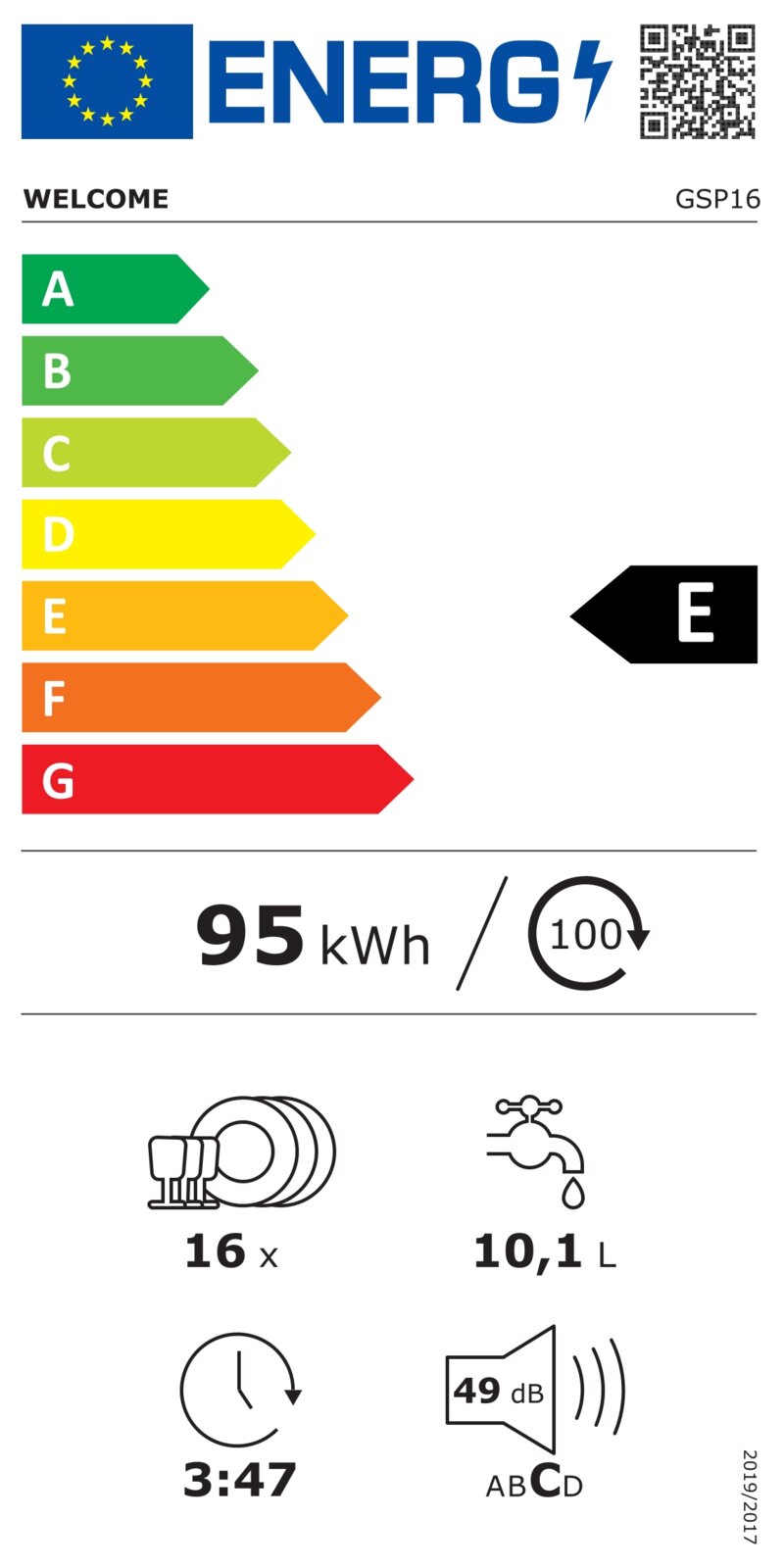 EU-energielabel voor vaatwasser Welcome GSP16, energieklasse E, 95 kWh per 100 cycli, capaciteit 16 couverts, waterverbruik 10,1 L, programma 3:47 en geluidsniveau 49 dB; frontale aanzicht.