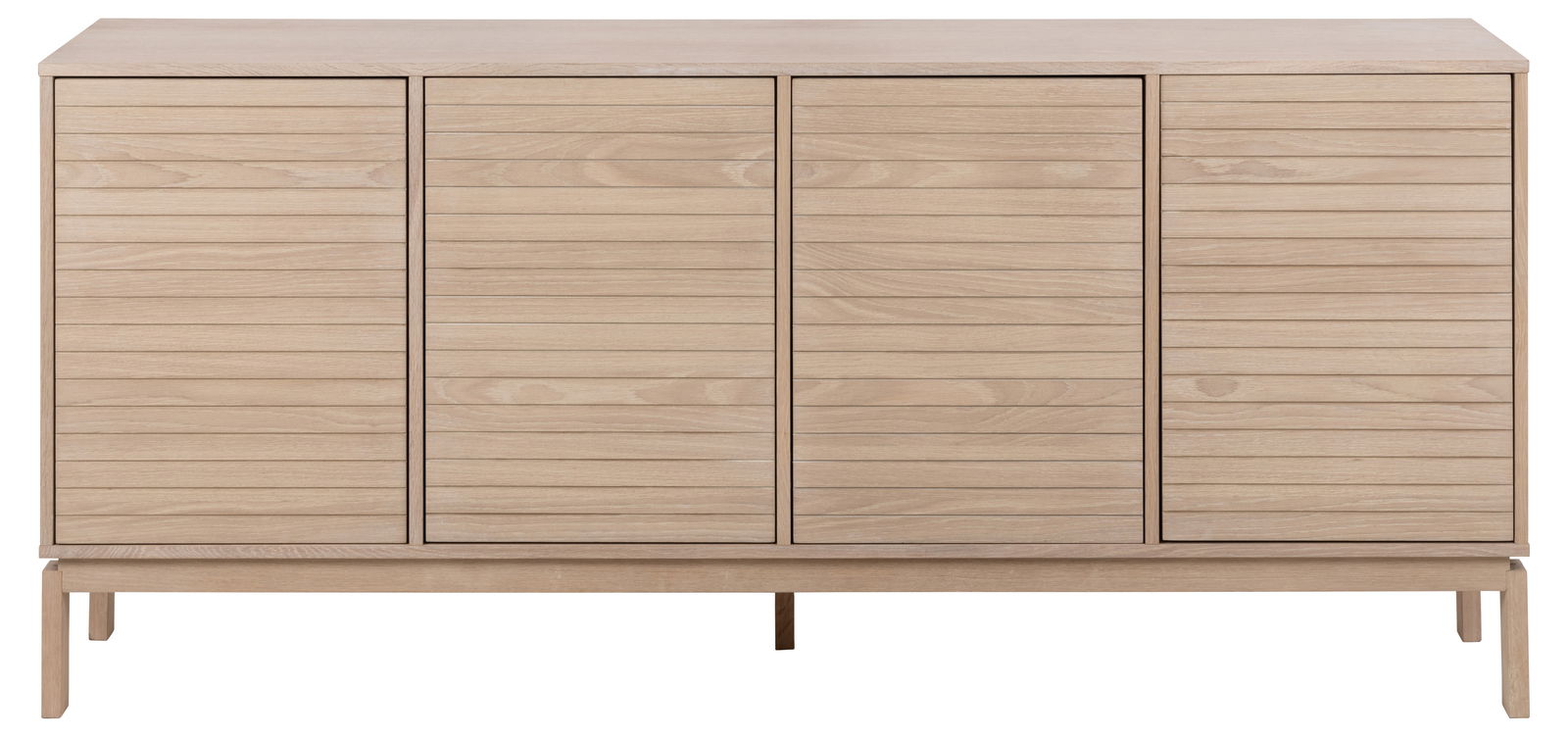 Frontale Ansicht eines modernen Sideboards aus hellem Holz mit vier Türen und horizontalen Linien.
