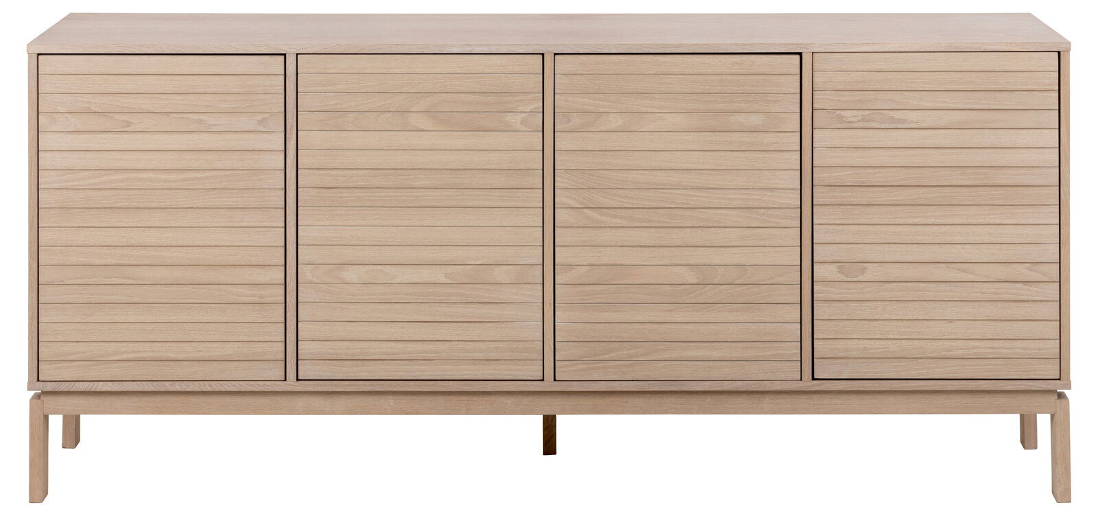 Frontale Ansicht eines modernen Sideboards aus hellem Holz mit vier Türen und horizontalen Linien.