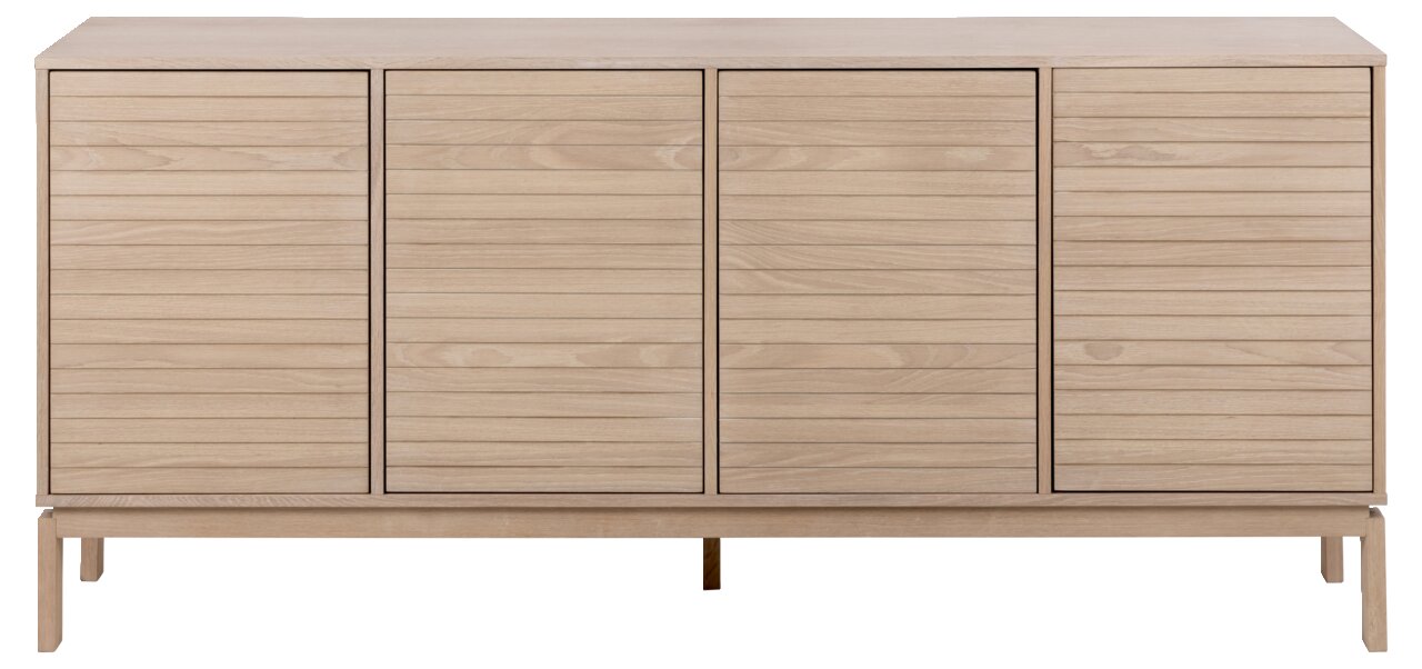 Frontale Ansicht eines modernen Sideboards aus hellem Holz mit vier Türen und horizontalen Linien.