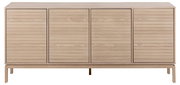 Frontale Ansicht eines modernen Sideboards aus hellem Holz mit vier Türen und horizontalen Linien.