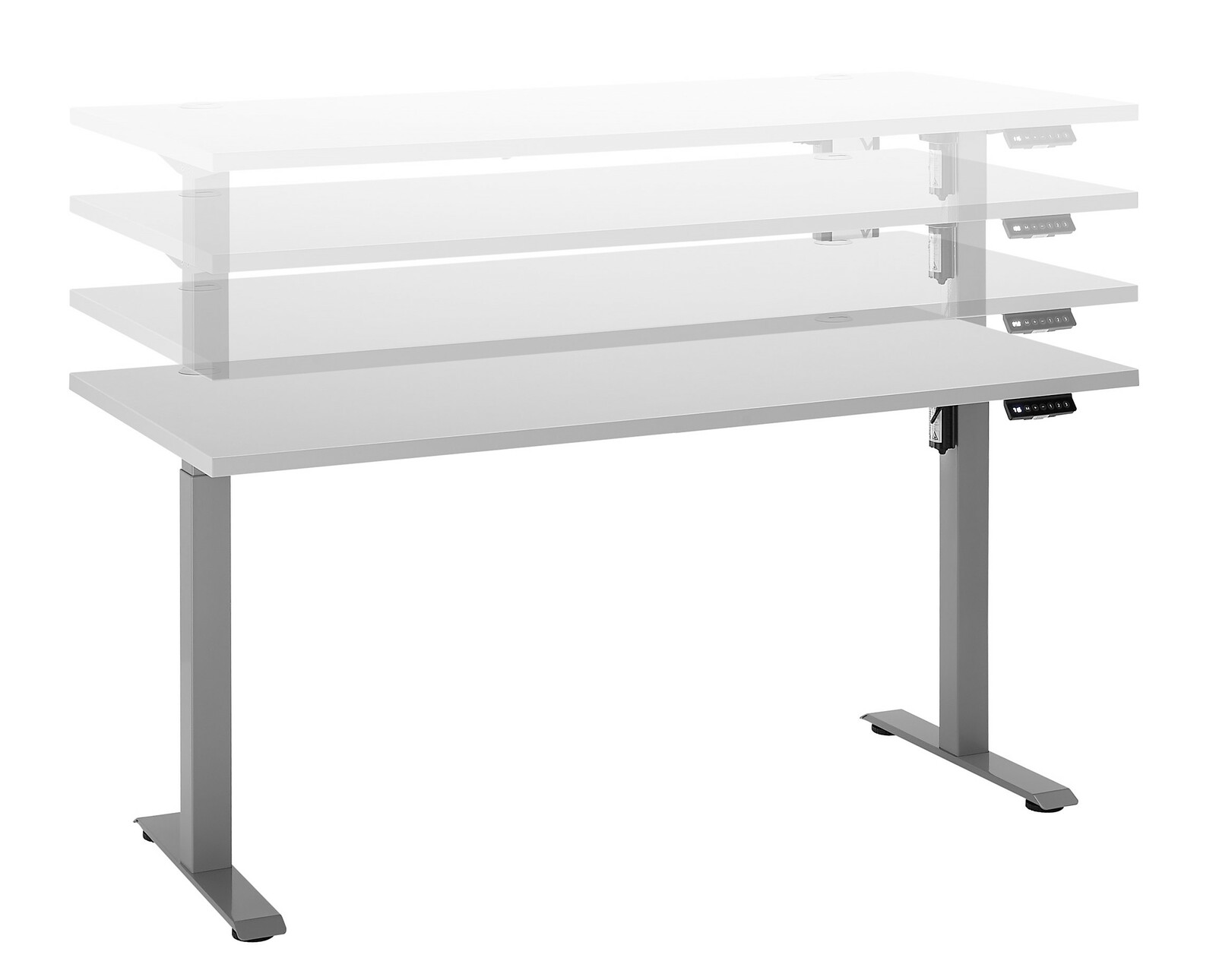 Höhenverstellbarer E-Schreibtisch XORA FINITO in seitlicher Perspektive, zeigt verschiedene Höhenstufen.