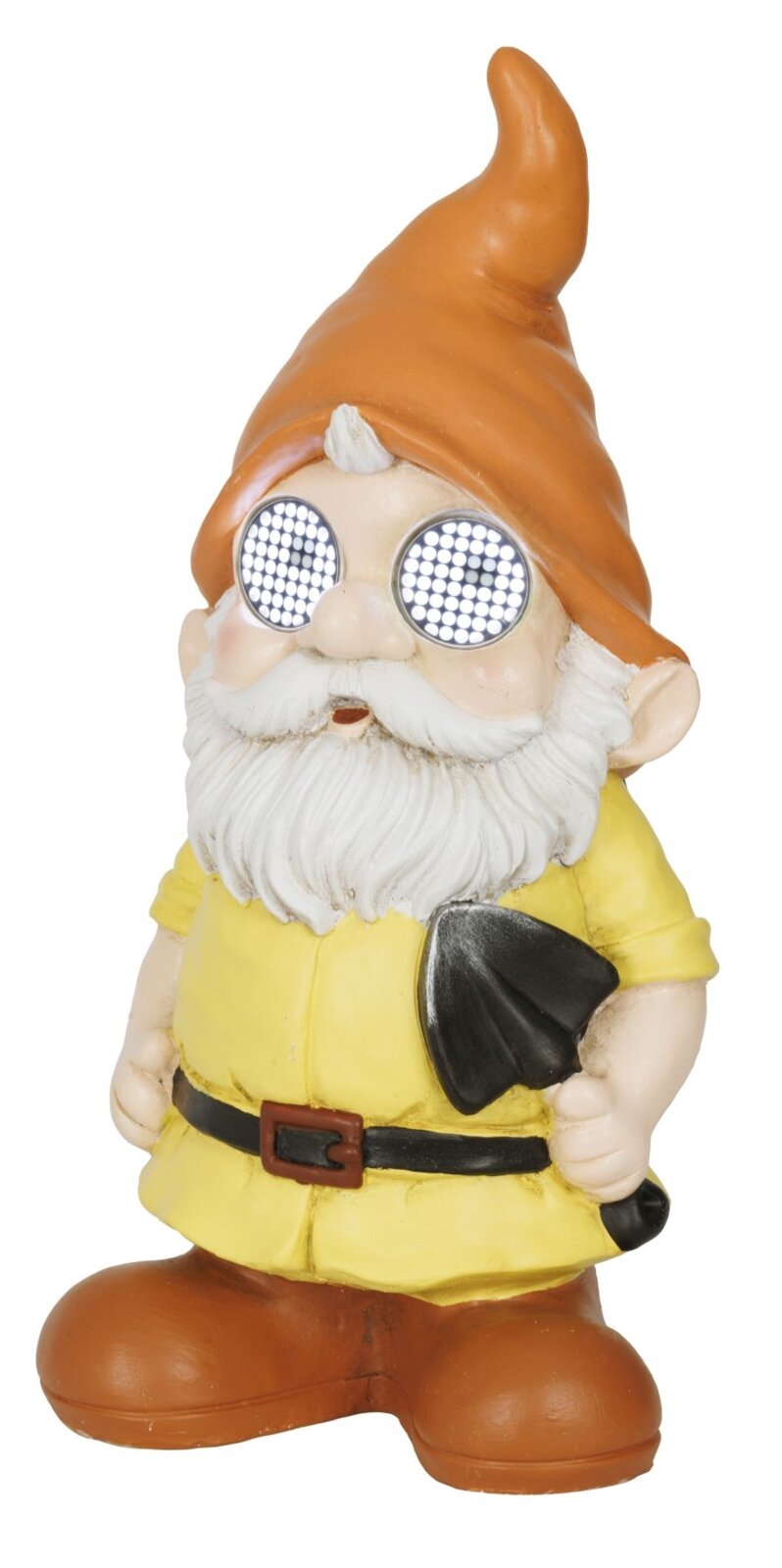 Solarbetriebener Gartenzwerg aus Polyresin mit leuchtenden Augen, gelbem Outfit und oranger Mütze, Frontalansicht.