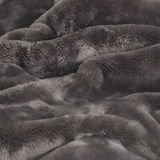 Nahaufnahme einer flauschigen, grauen Wohndecke in welliger Anordnung.