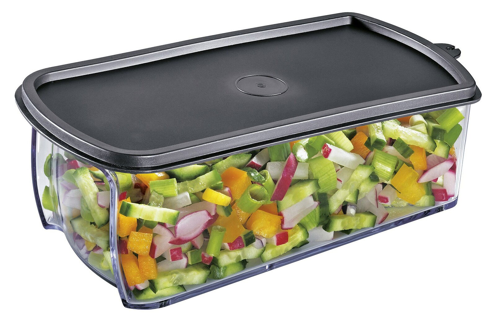 Transparenter Behälter mit schwarzem Deckel, gefüllt mit bunten Gemüsewürfeln, seitliche Perspektive.