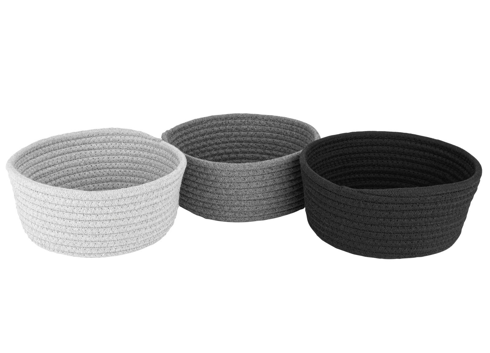 Drei runde Brotkörbe aus geflochtenem Material in den Farben Hellgrau, Dunkelgrau und Schwarz, von vorne betrachtet.
