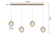 Vooraanzicht van moderne viervoudige hanglamp met transparante glazen bollen en warm licht, inclusief afmetingen: plafondbalk 1060 × 80 mm, hoogte 1500 mm en boldiameter 180 mm