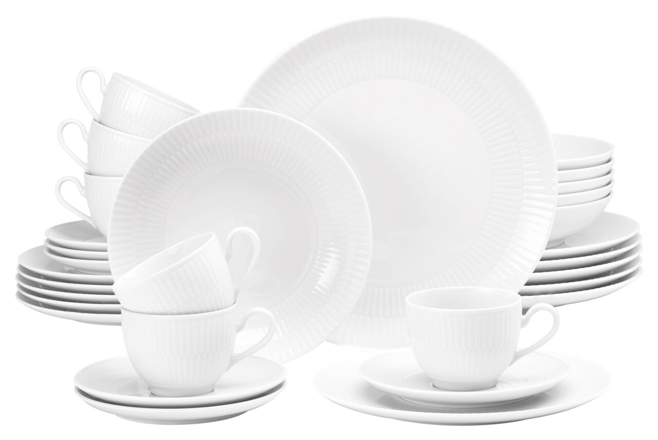 Wit 30-delig servies met kopjes, schoteltjes en borden, gepresenteerd in een etalage.