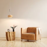 Moderne Pendelleuchte aus Holz in einem stilvollen Wohnzimmer, seitliche Perspektive.