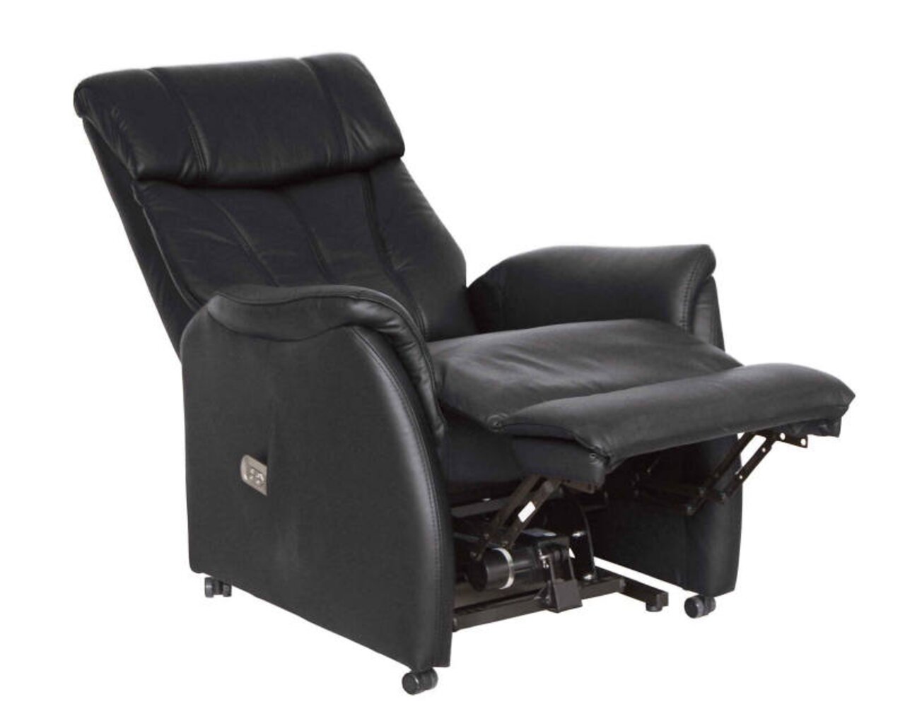 Zwarte tv-fauteuil in liggende stand, zijaanzicht