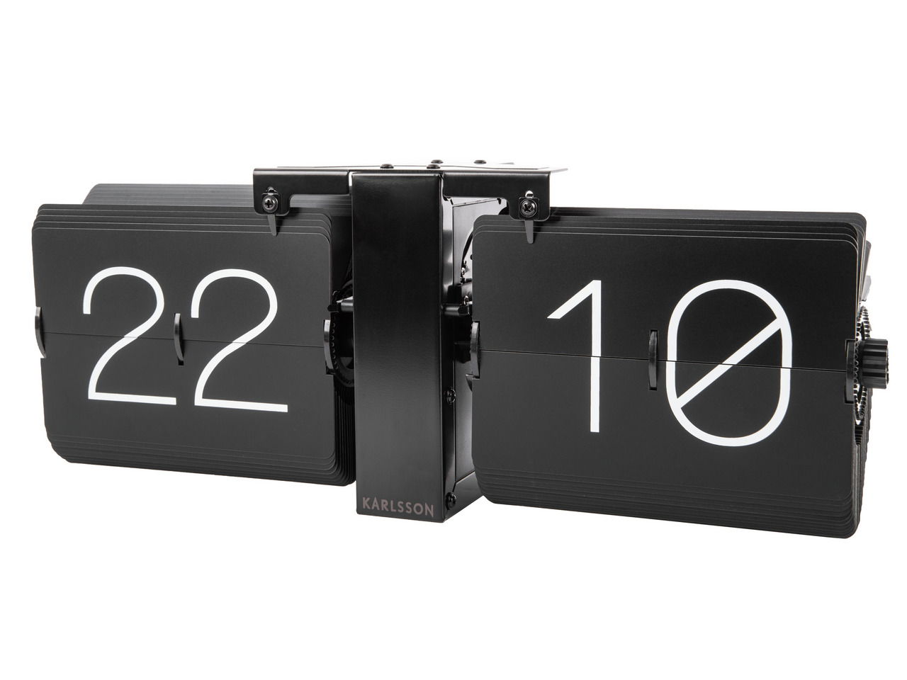 Schwarze Wanduhr im Flip-Design ohne Gehäuse, zeigt die Zeit 22:10 aus seitlicher Perspektive.