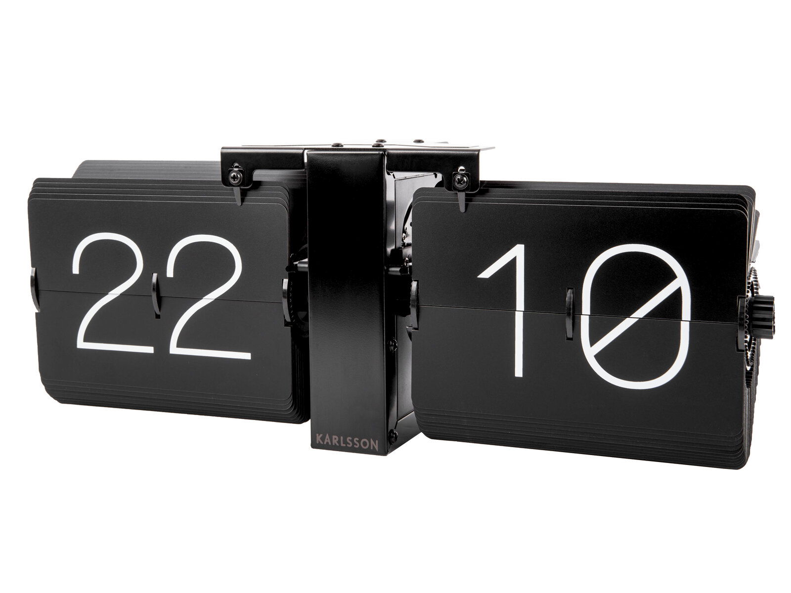 Schwarze Wanduhr im Flip-Design ohne Gehäuse, zeigt die Zeit 22:10 aus seitlicher Perspektive.