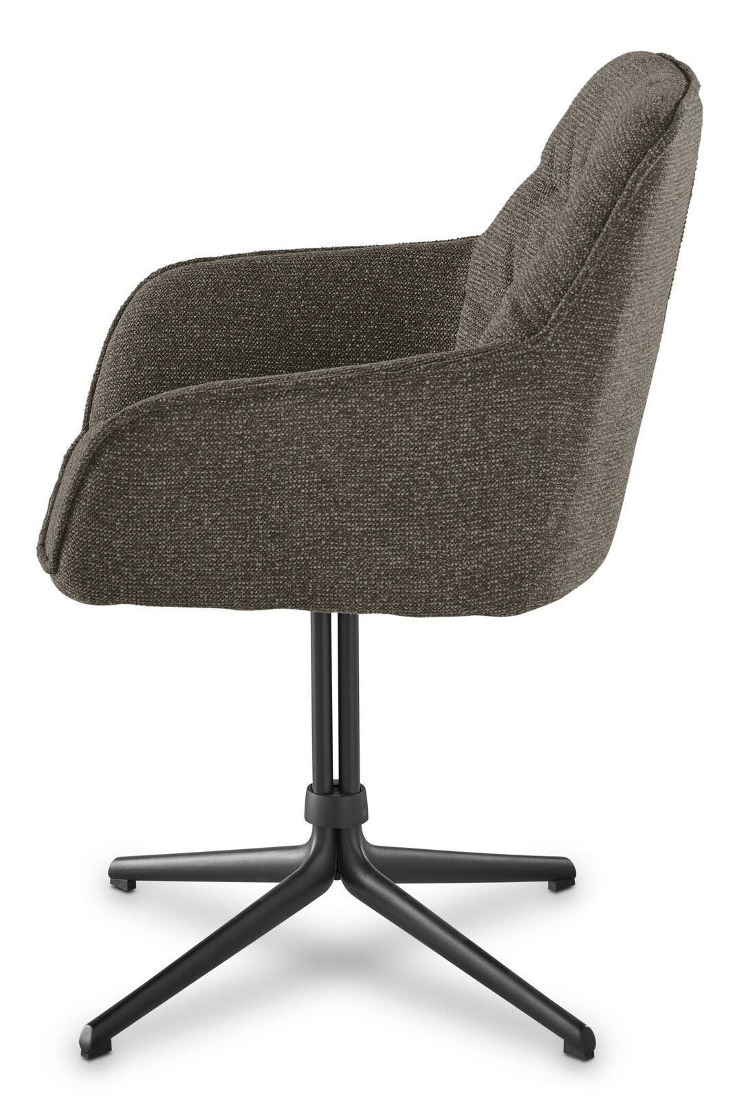 Seitenansicht eines modernen Armlehnstuhls mit schwarzem Metallgestell und gepolstertem, grauem Stoffbezug.