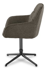 Seitenansicht eines modernen Armlehnstuhls mit schwarzem Metallgestell und gepolstertem, grauem Stoffbezug.