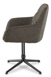 Seitenansicht eines modernen Armlehnstuhls mit schwarzem Metallgestell und gepolstertem, grauem Stoffbezug.