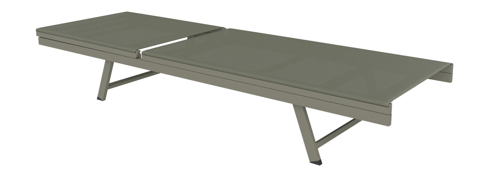 Sonnenliege in seitlicher Perspektive, mit klappbarem Design und stabilen Beinen.