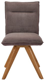 Moderner Stuhl mit braunem, geripptem Stoffbezug und Holzbeinen, Frontalansicht.