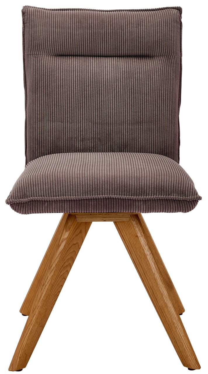 Moderner Stuhl mit braunem, geripptem Stoffbezug und Holzbeinen, Frontalansicht.