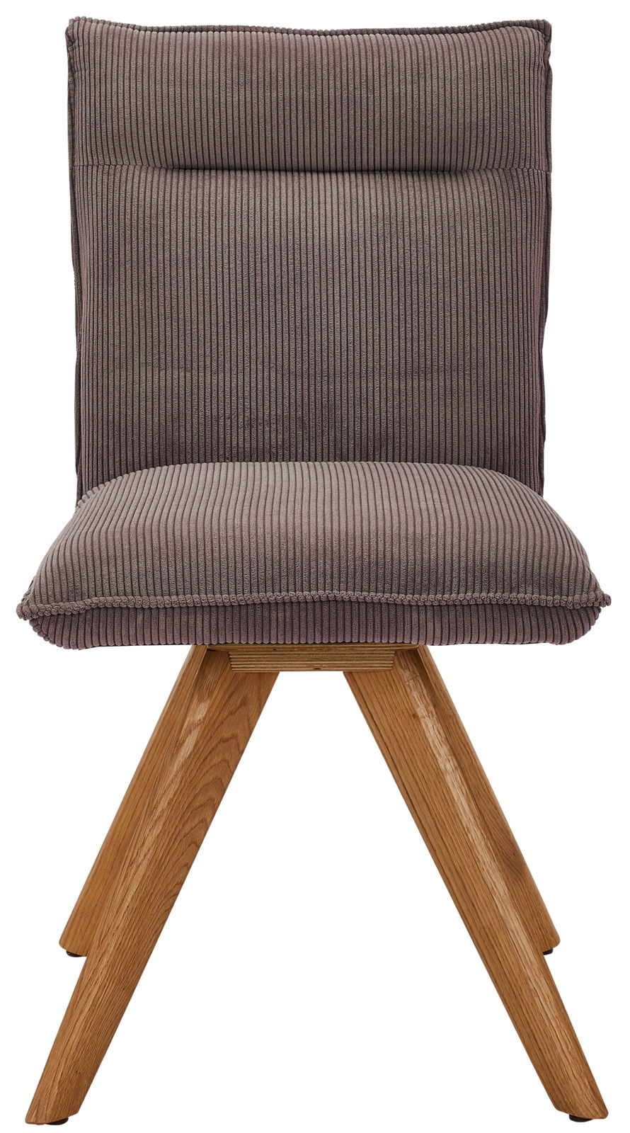 Moderner Stuhl mit braunem, geripptem Stoffbezug und Holzbeinen, Frontalansicht.