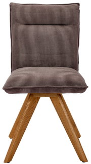 Moderner Stuhl mit braunem, geripptem Stoffbezug und Holzbeinen, Frontalansicht.