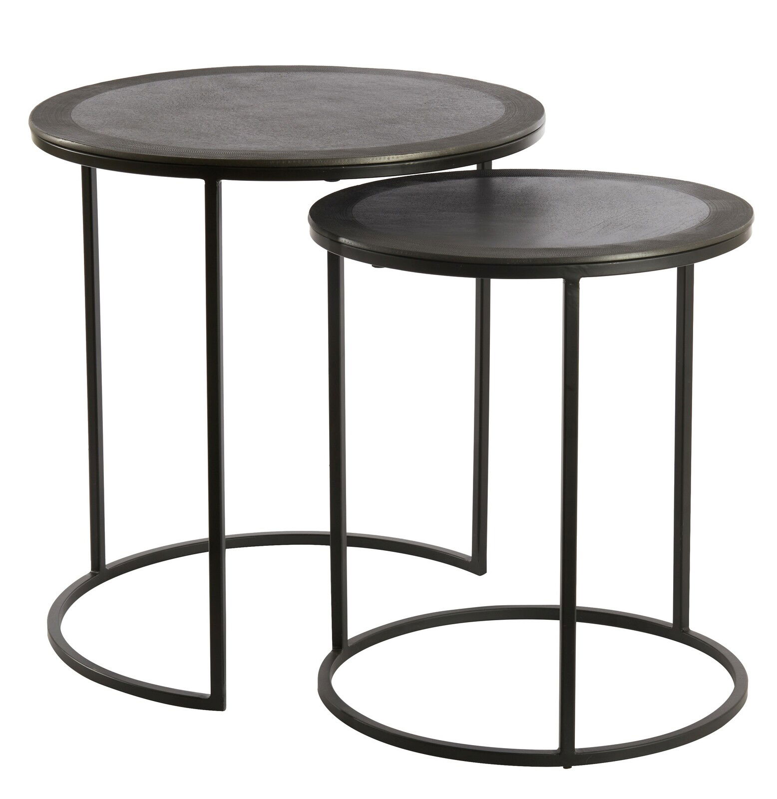Zwei runde Beistelltische aus schwarzem Metall, ineinander verschachtelt, seitliche Perspektive