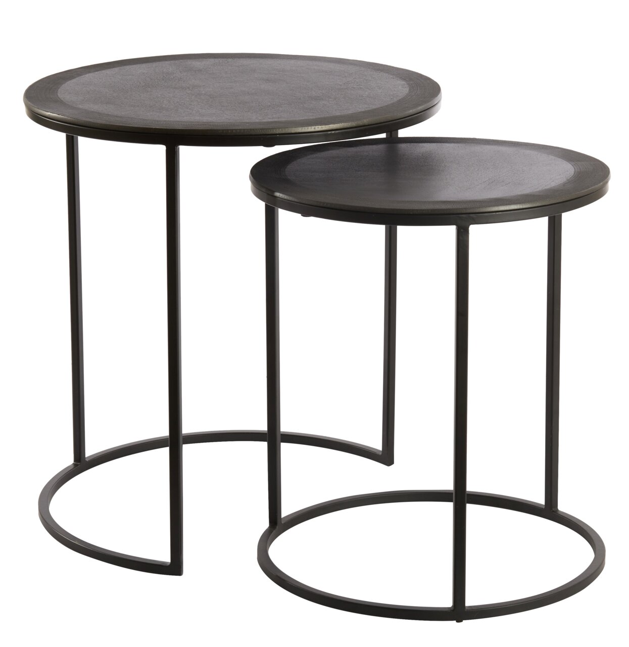 Zwei runde Beistelltische aus schwarzem Metall, ineinander verschachtelt, seitliche Perspektive