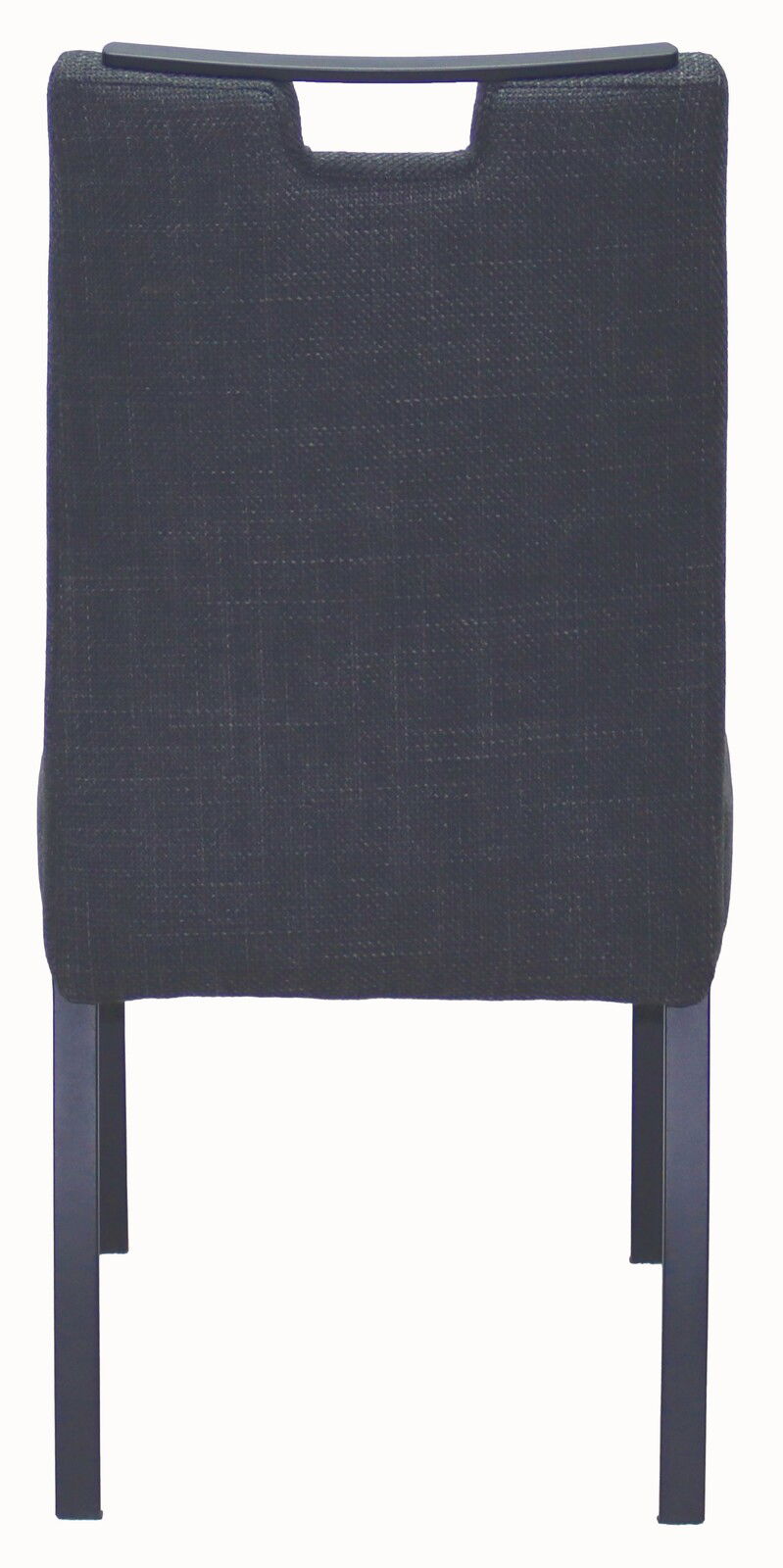 Rückansicht eines schwarzen Stuhls mit gepolsterter Rückenlehne und Metallbeinen.