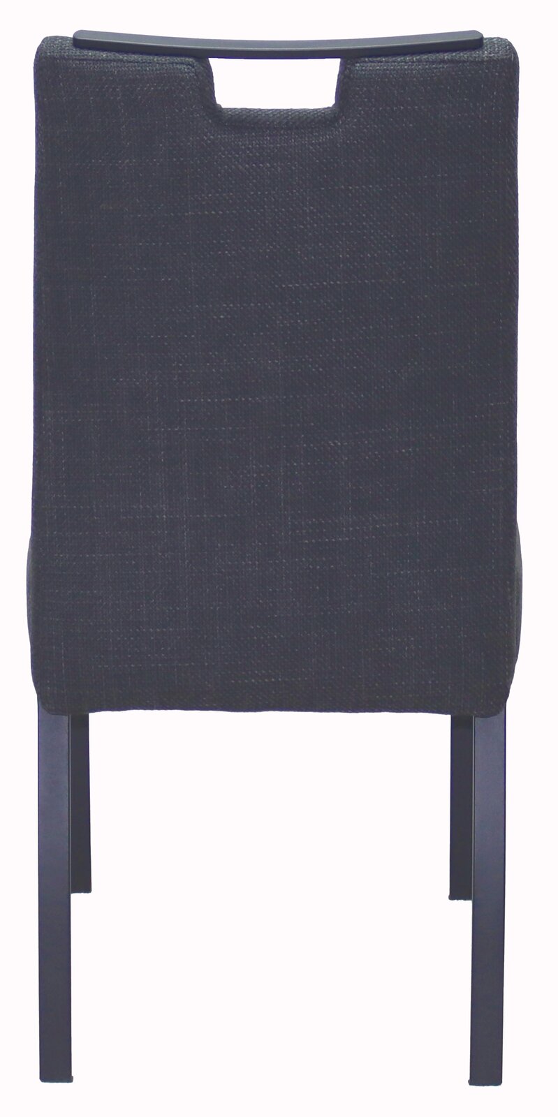 Rückansicht eines schwarzen Stuhls mit gepolsterter Rückenlehne und Metallbeinen.