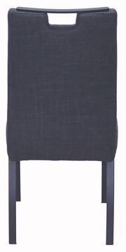 Rückansicht eines schwarzen Stuhls mit gepolsterter Rückenlehne und Metallbeinen.