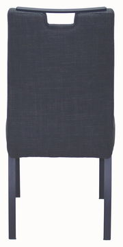 Rückansicht eines schwarzen Stuhls mit gepolsterter Rückenlehne und Metallbeinen.