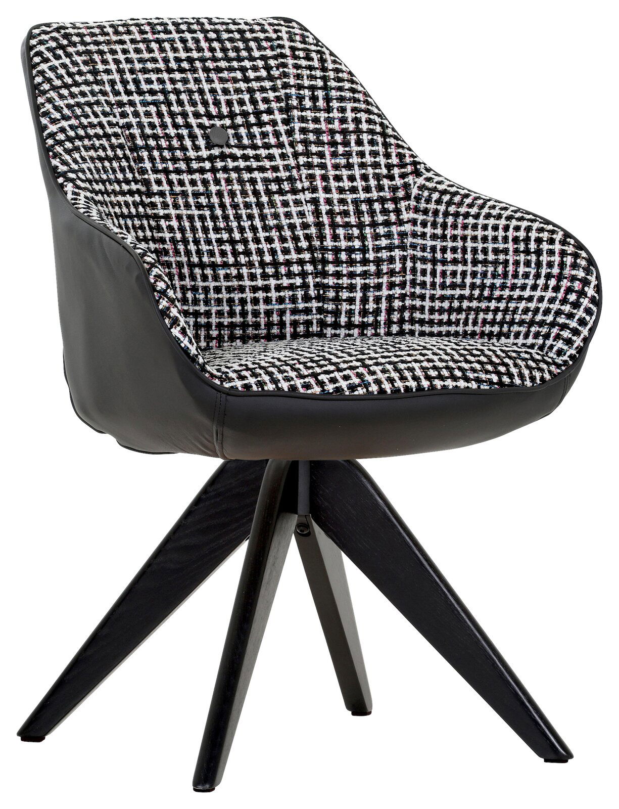 Moderner Armlehnstuhl mit schwarz-weißem Muster und schwarzem Leder, seitliche Perspektive