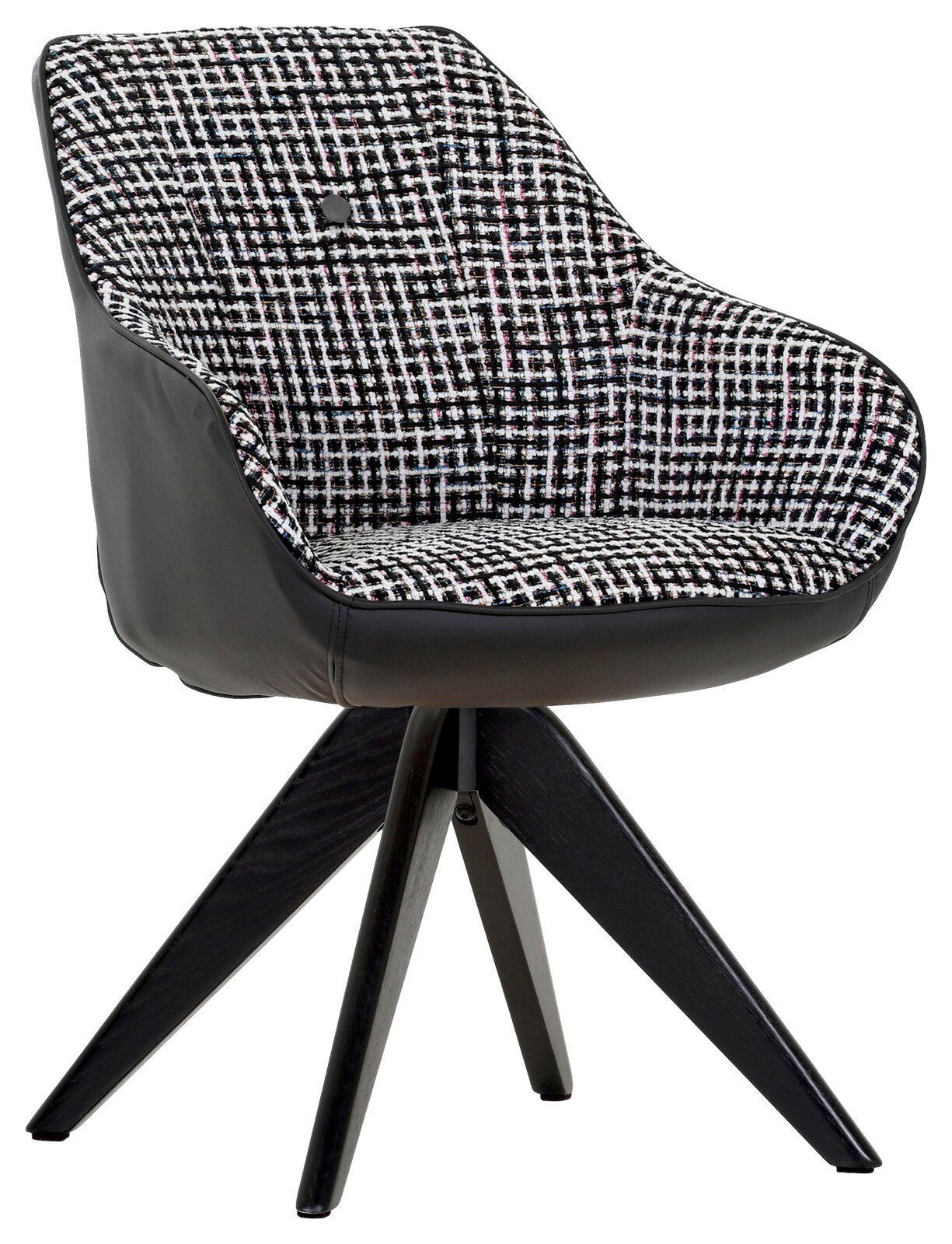 Moderner Armlehnstuhl mit schwarz-weißem Muster und schwarzem Leder, seitliche Perspektive