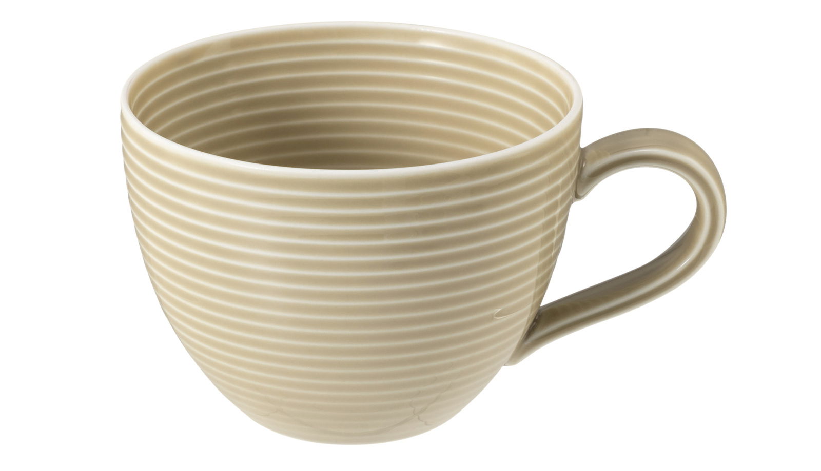 Beige Milchkaffeetasse mit horizontalen Rillen, seitliche Perspektive